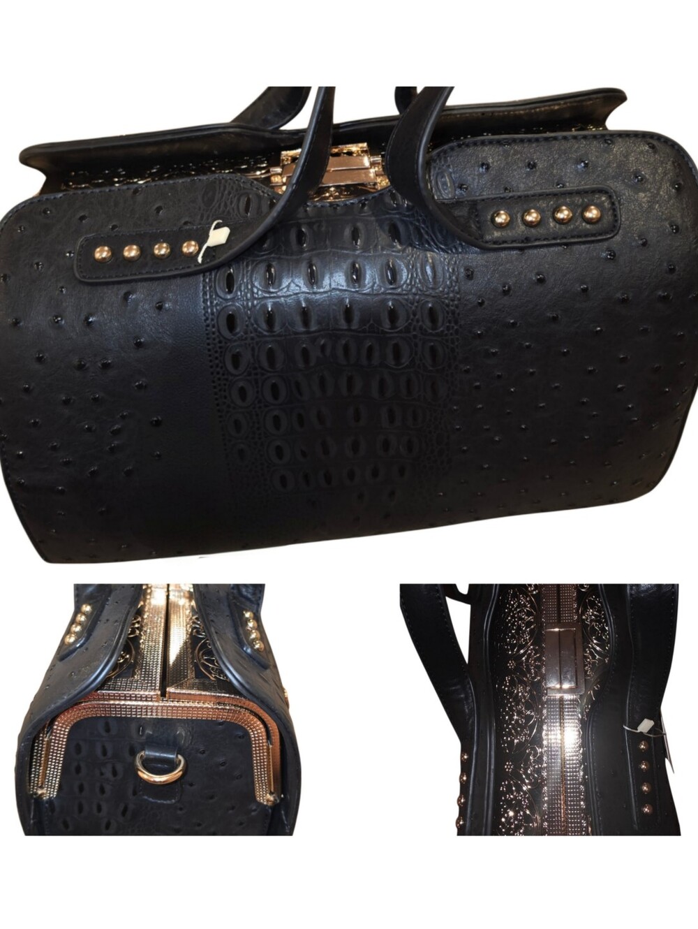 Brand New - Black Exotic Satchel with BEAUTIFUL Gold Embossed Inner Structure